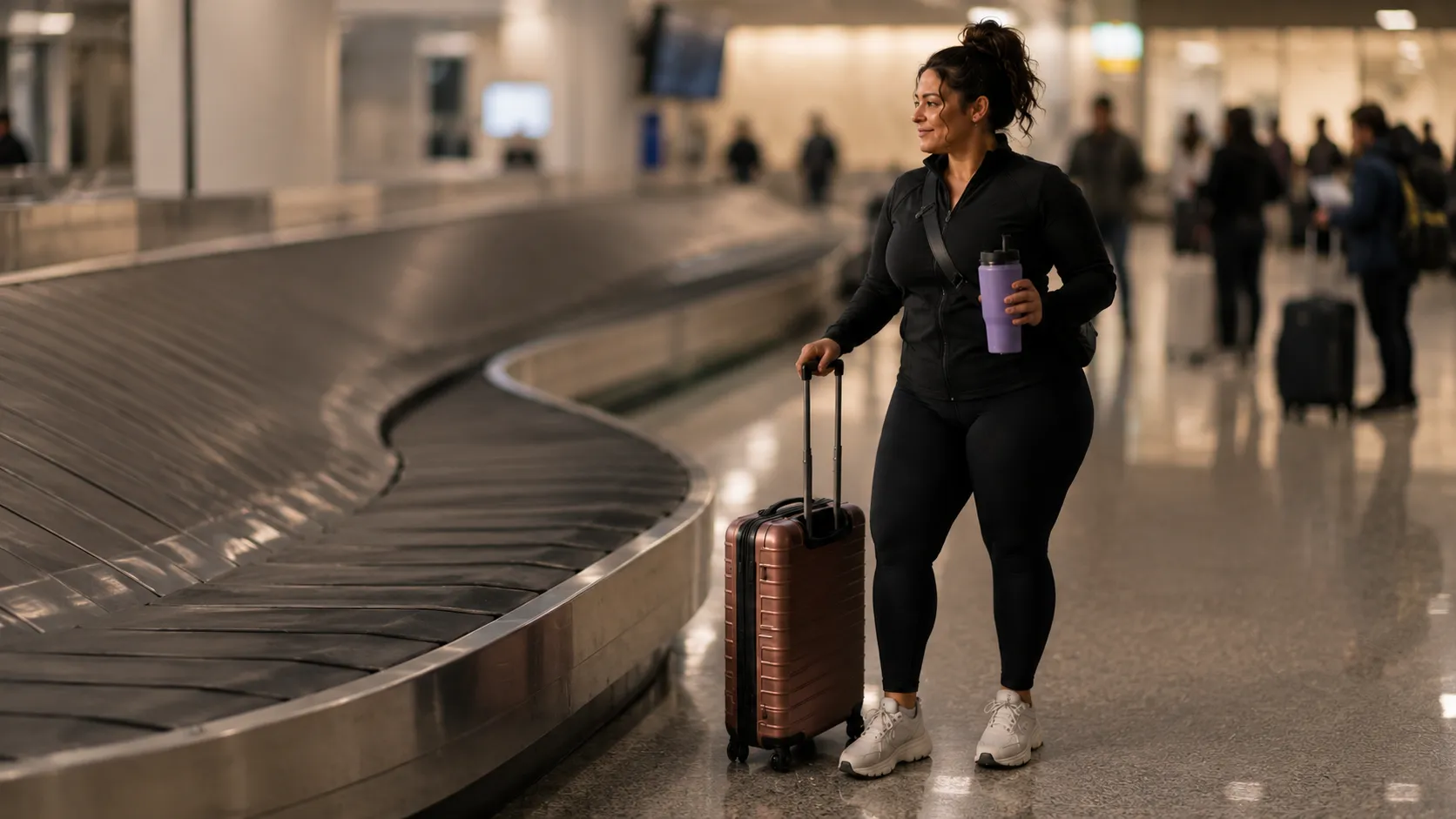 Woman in black leggings and sneakers with a rolling suitcase and water bottle at an airport baggage carousel