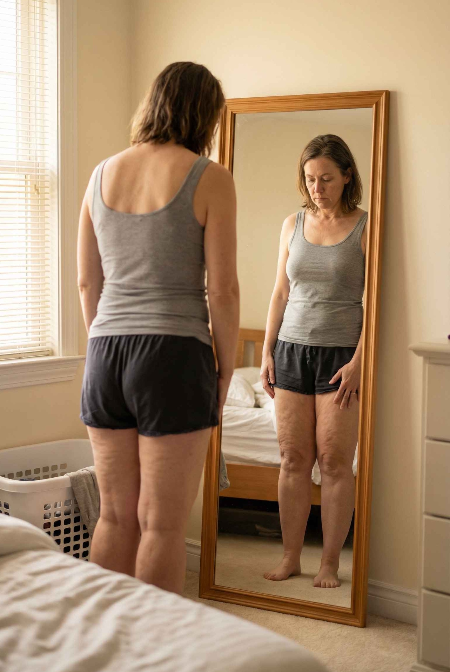 Woman looking in mirror with lipedema